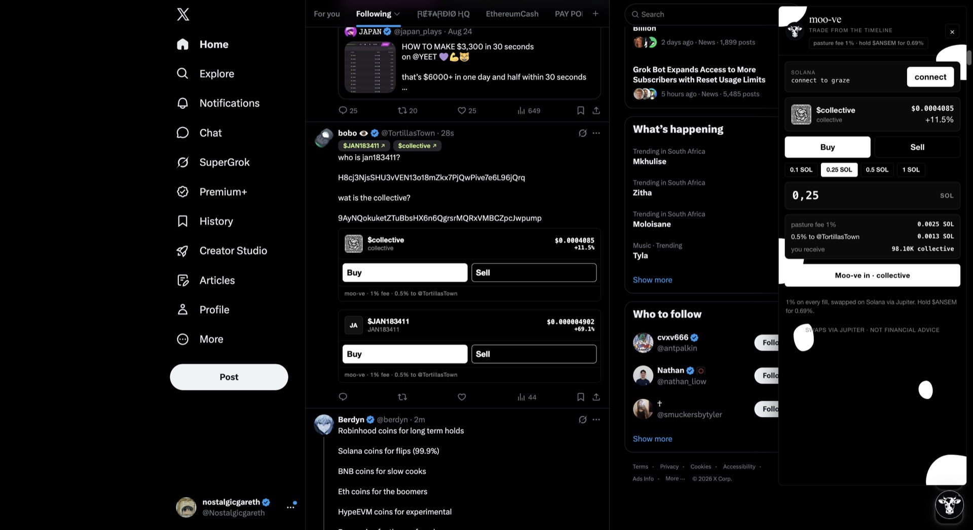 moo-ve buy cards on a live tweet, dock quoting the token on the right
