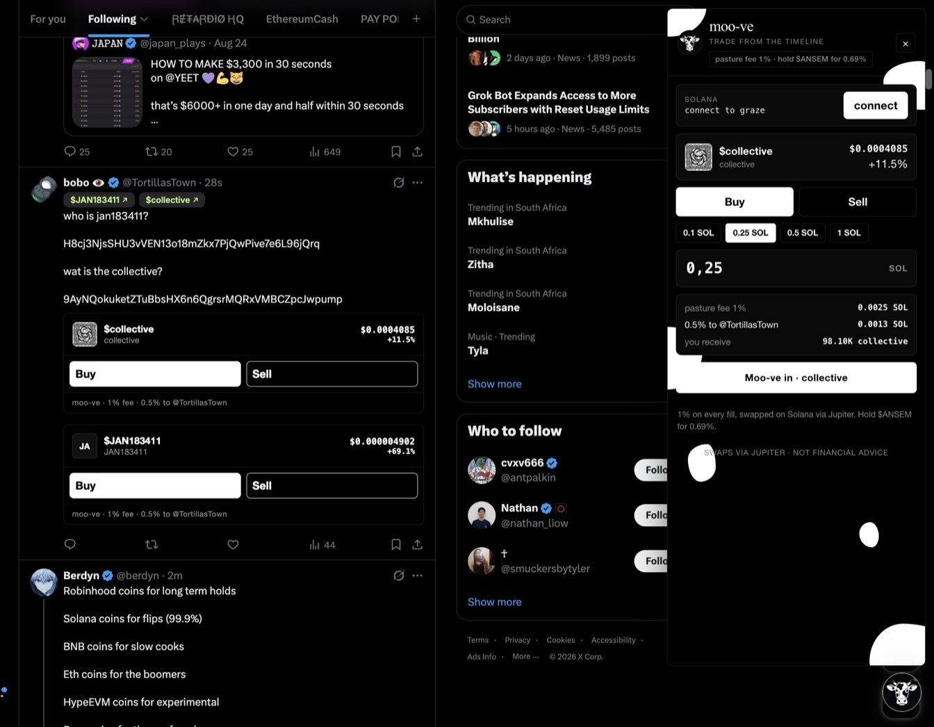 moo-ve overlay sitting on a live X feed with Buy / Sell cards on a tweet